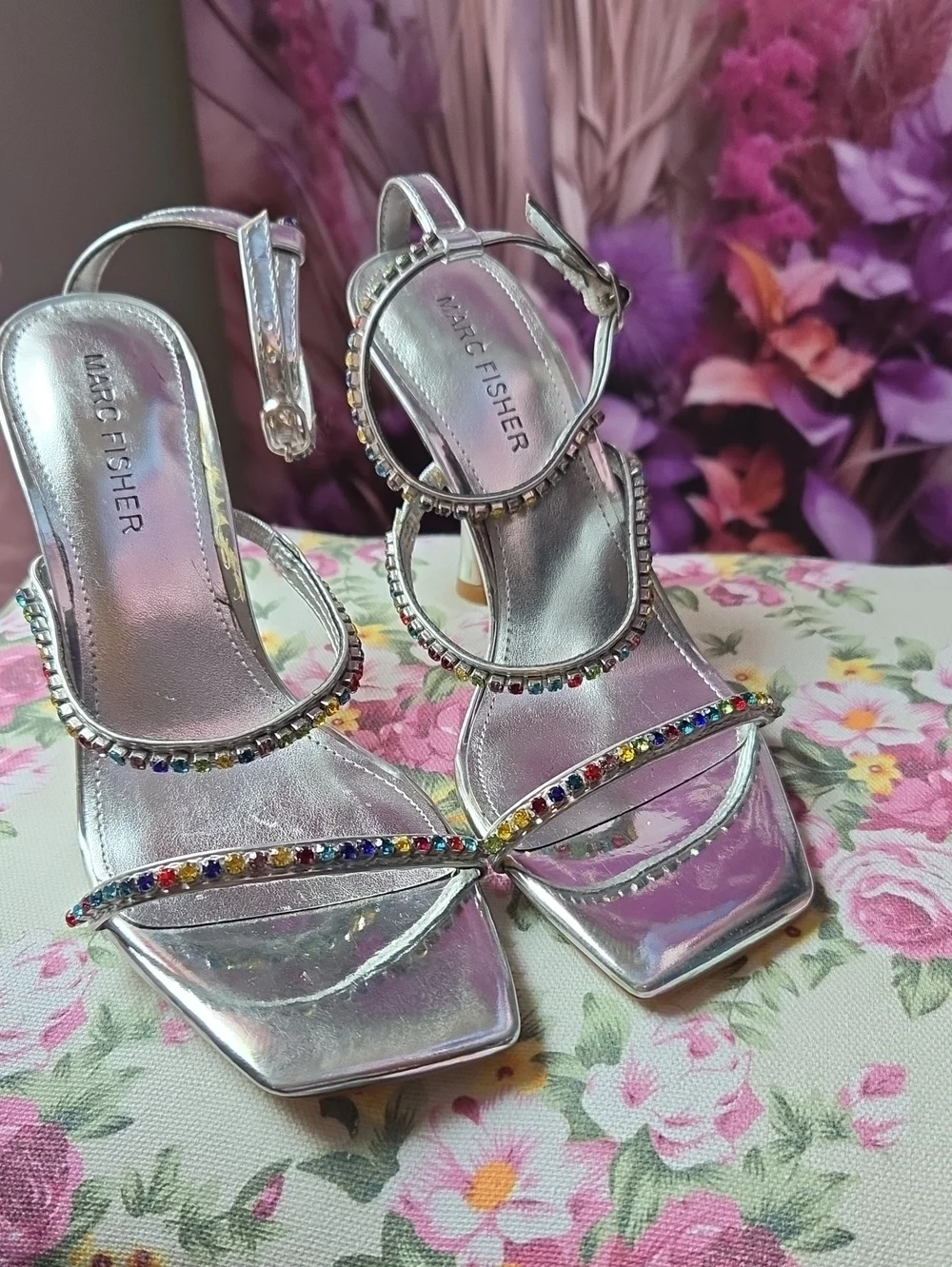 Marc Fisher Silver Multicolor Crystal Strappy Heels
